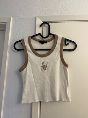 Girls' White Ribbed Tank Top with Tan Trim